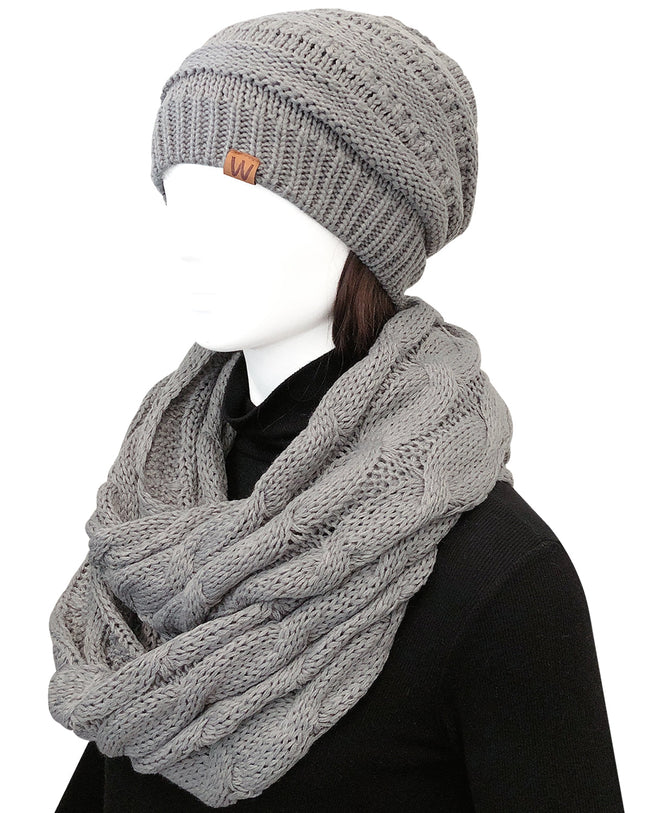 Wrapables Winter Warm Chunky Cable Knit Infinity Scarf and Beanie Set, Light Gray