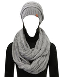 Wrapables Winter Warm Chunky Cable Knit Infinity Scarf and Beanie Set, Light Gray