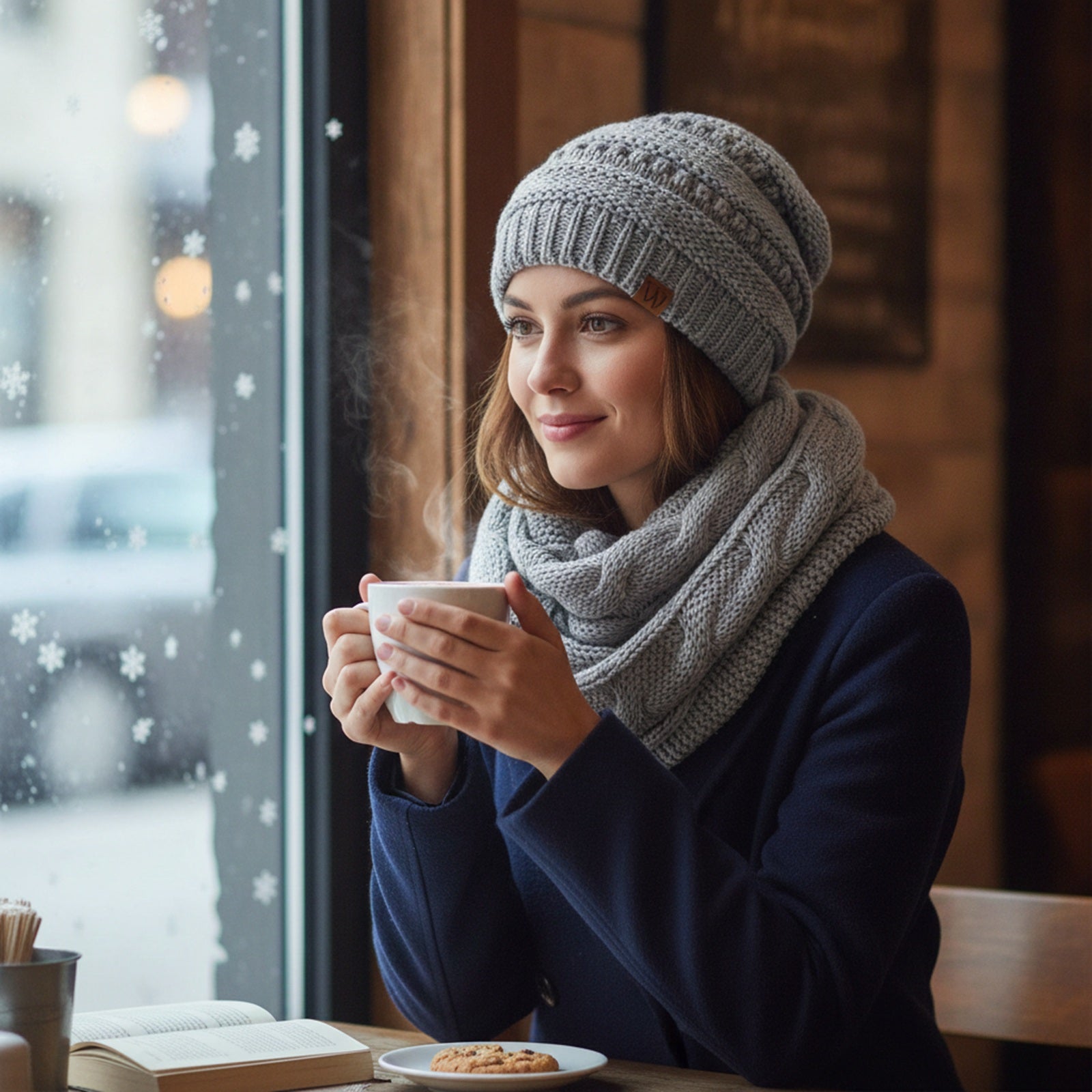 Wrapables Winter Warm Chunky Cable Knit Infinity Scarf and Beanie Set, Light Gray