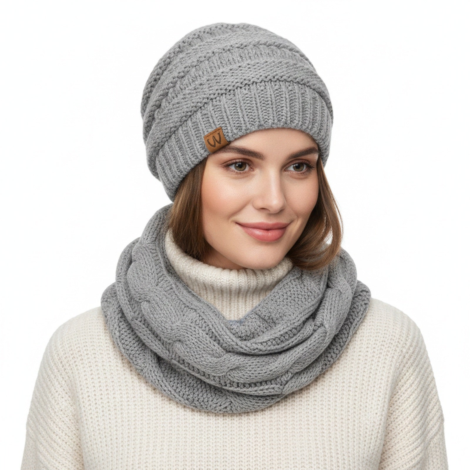 Wrapables Winter Warm Chunky Cable Knit Infinity Scarf and Beanie Set, Light Gray