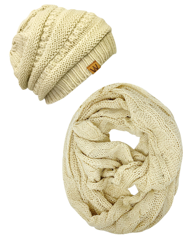 Wrapables Winter Warm Chunky Cable Knit Infinity Scarf and Beanie Set, Beige