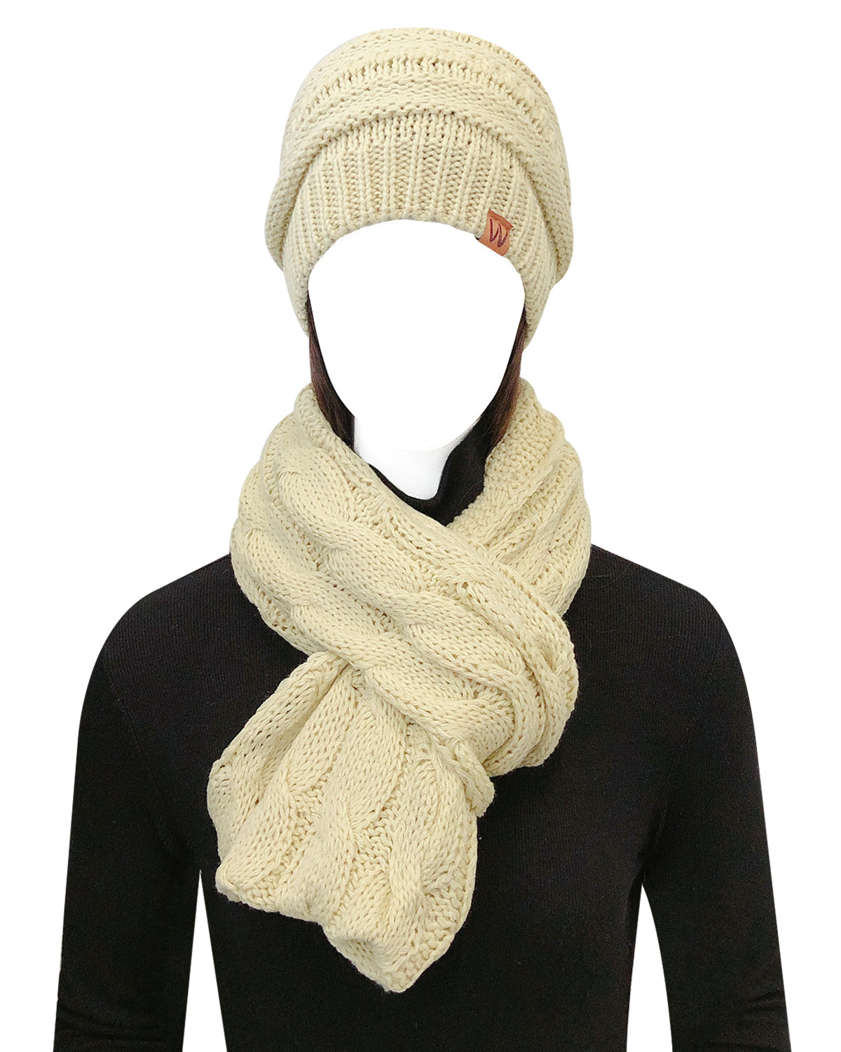 Wrapables Winter Warm Chunky Cable Knit Infinity Scarf and Beanie Set, Beige