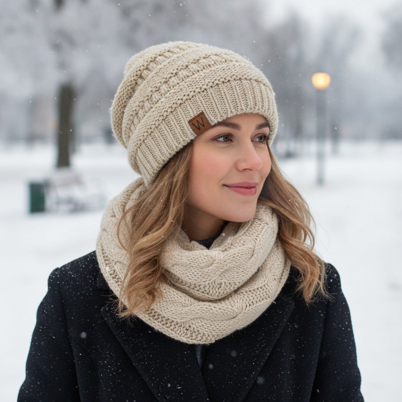 Wrapables Winter Warm Chunky Cable Knit Infinity Scarf and Beanie Set, Beige