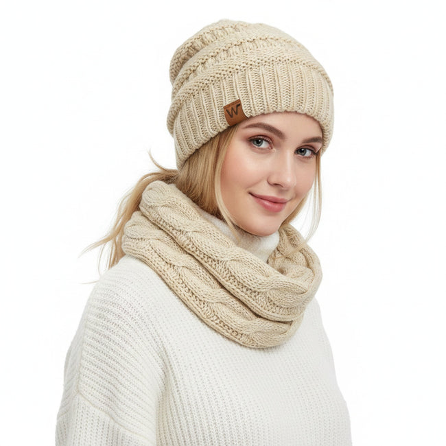Wrapables Winter Warm Chunky Cable Knit Infinity Scarf and Beanie Set, Beige