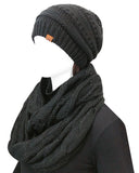 Wrapables Winter Warm Chunky Cable Knit Infinity Scarf and Beanie Set, Black