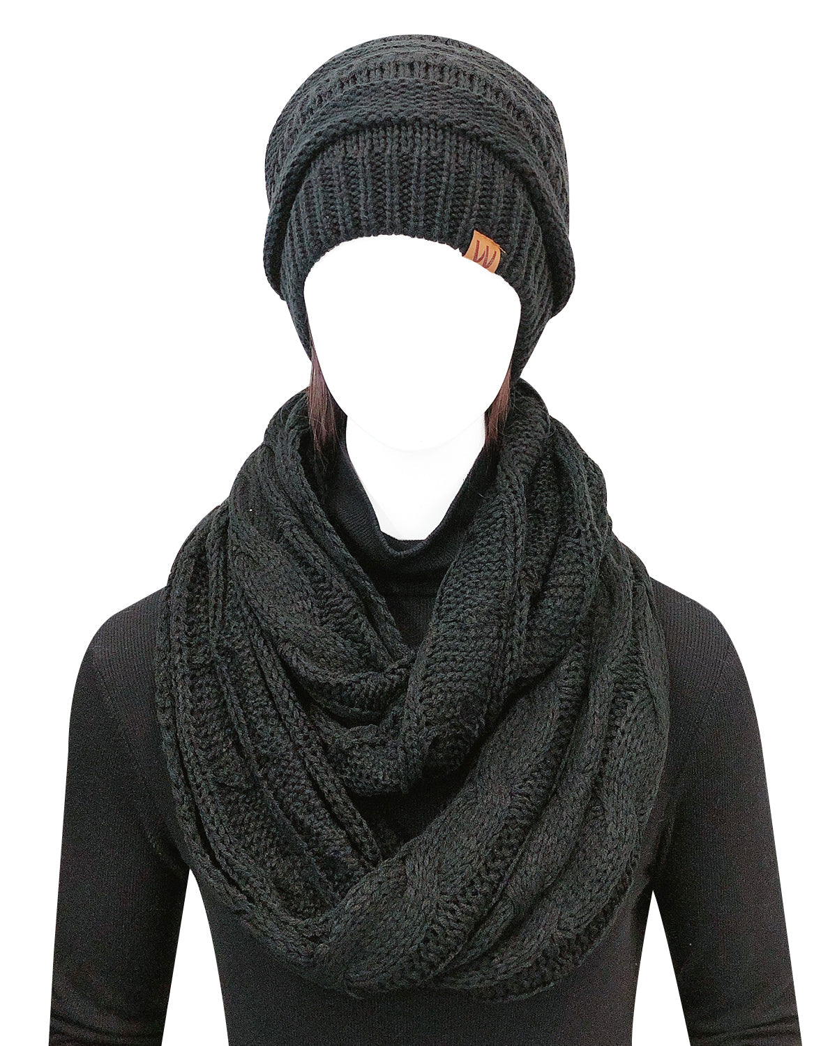 Wrapables Winter Warm Chunky Cable Knit Infinity Scarf and Beanie Set, Black