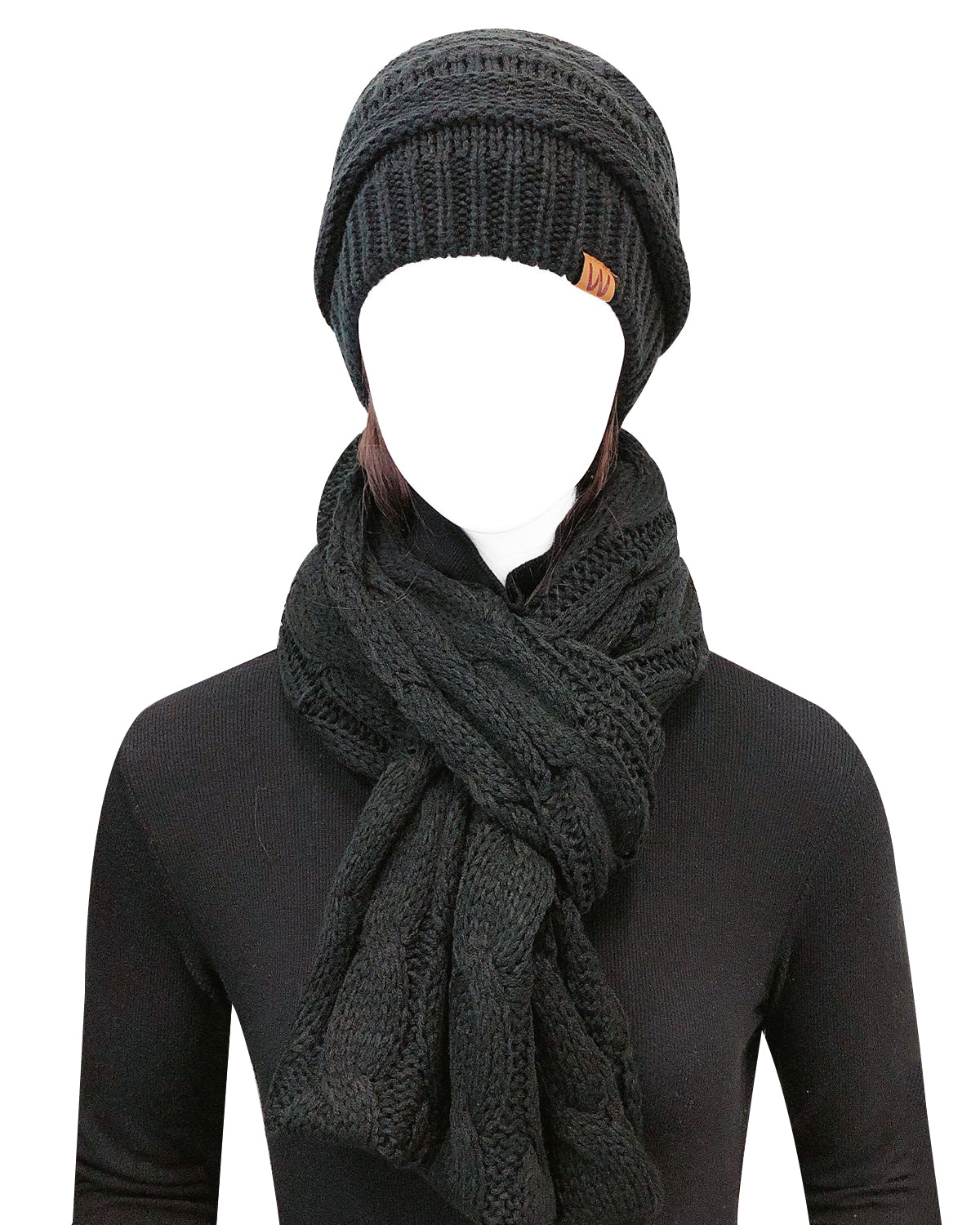 Wrapables Winter Warm Chunky Cable Knit Infinity Scarf and Beanie Set, Black