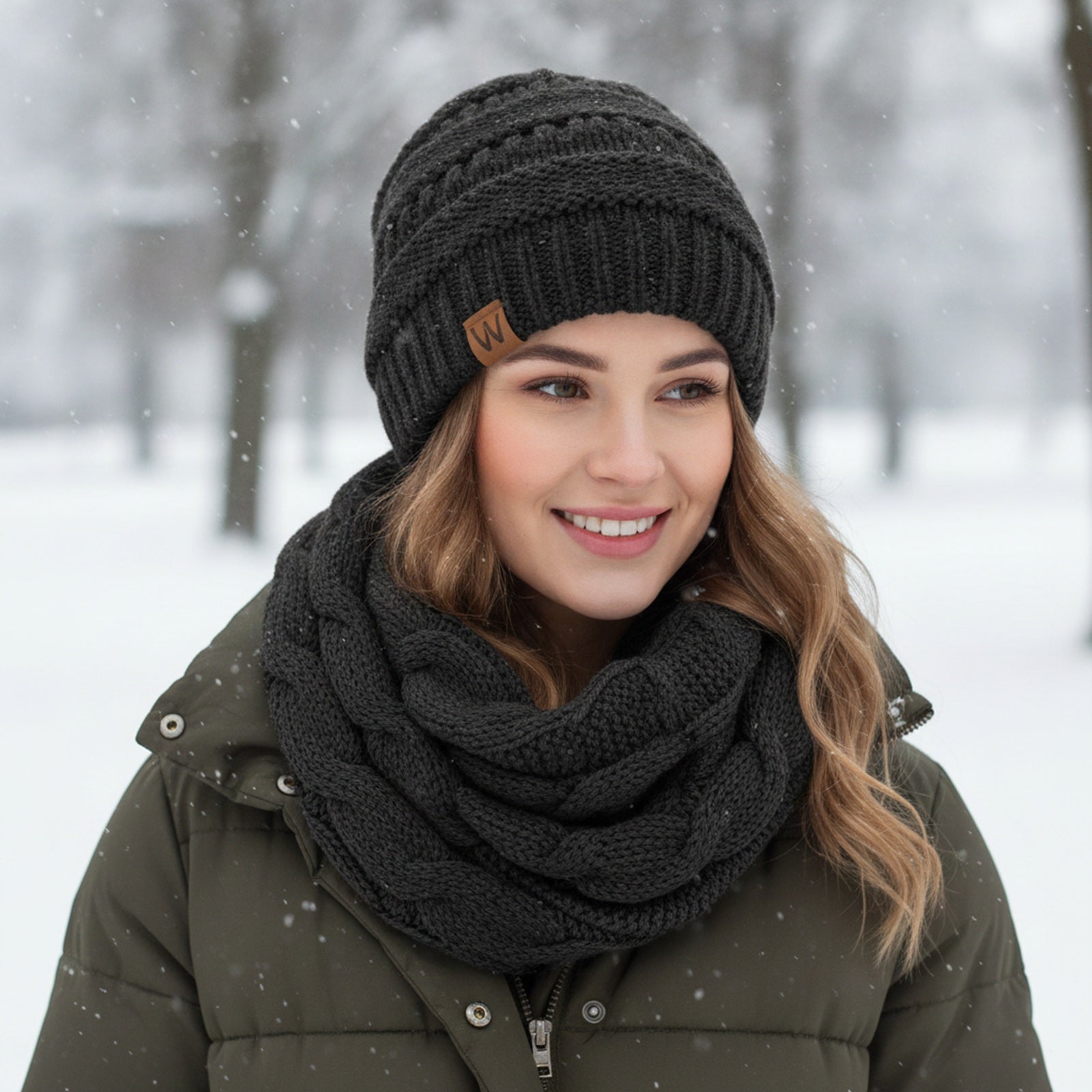 Wrapables Winter Warm Chunky Cable Knit Infinity Scarf and Beanie Set, Black