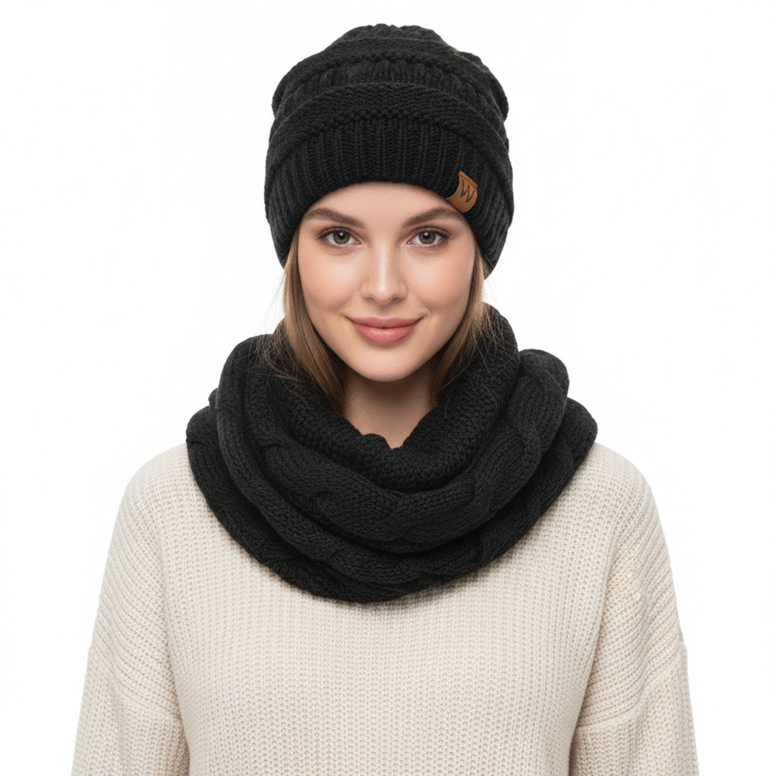 Wrapables Winter Warm Chunky Cable Knit Infinity Scarf and Beanie Set, Black