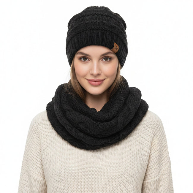 Wrapables Winter Warm Chunky Cable Knit Infinity Scarf and Beanie Set, Black