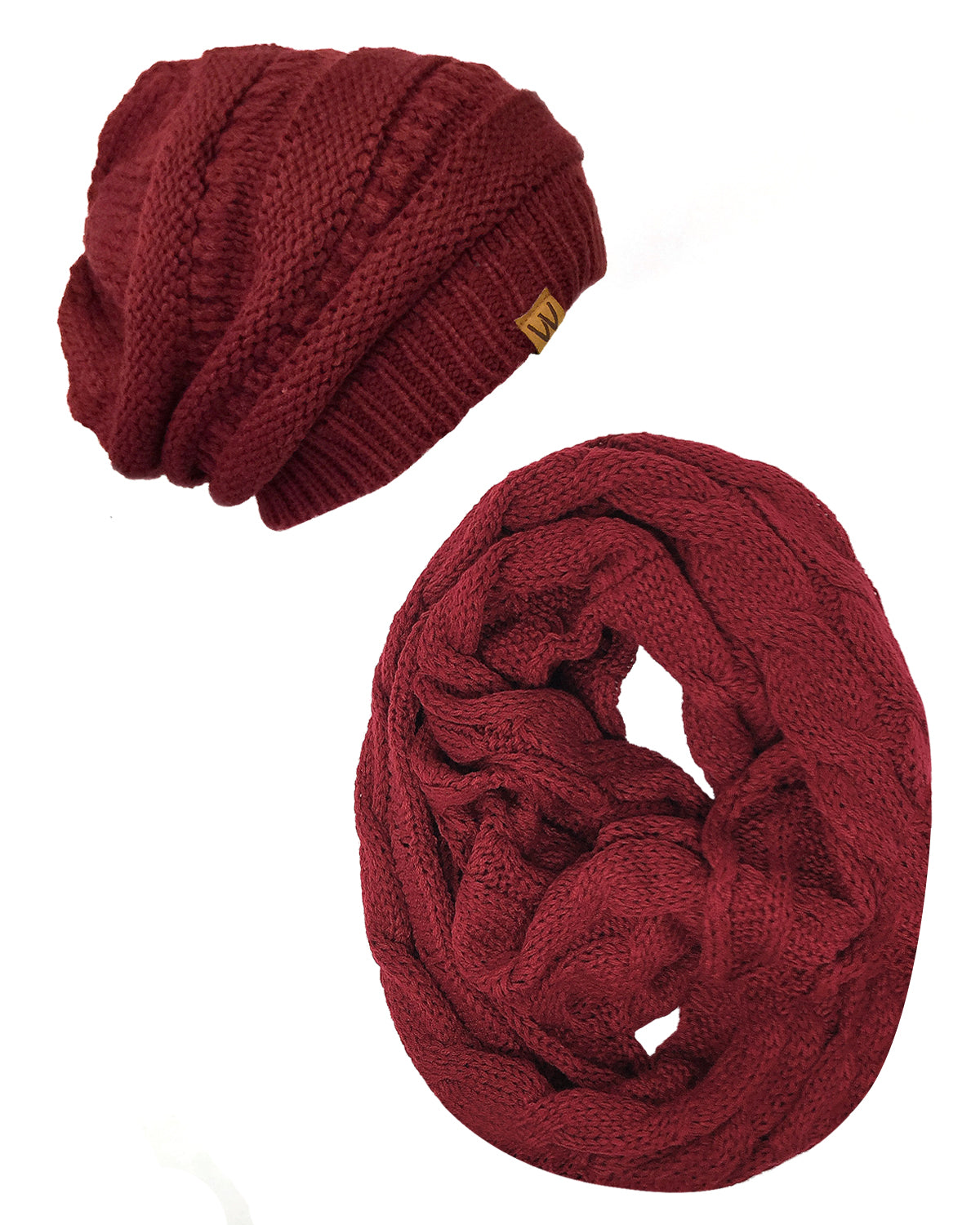 Wrapables Winter Warm Chunky Cable Knit Infinity Scarf and Beanie Set, Burgundy