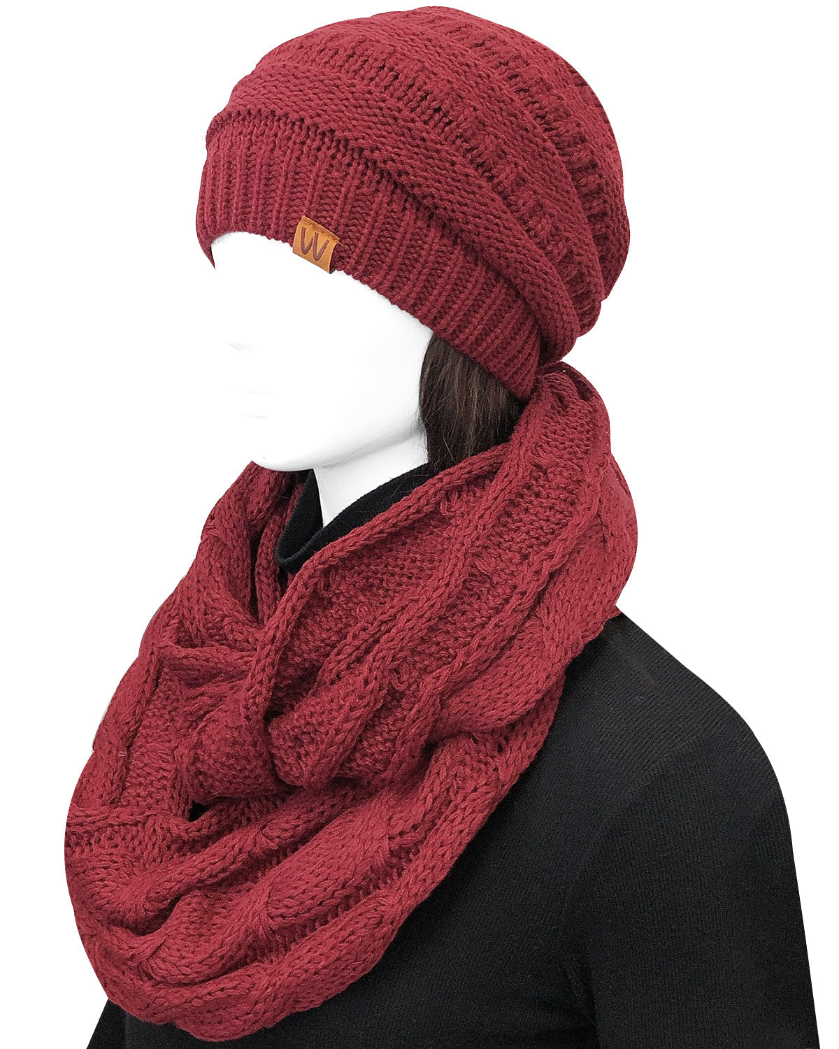 Wrapables Winter Warm Chunky Cable Knit Infinity Scarf and Beanie Set, Burgundy