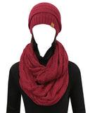 Wrapables Winter Warm Chunky Cable Knit Infinity Scarf and Beanie Set, Burgundy