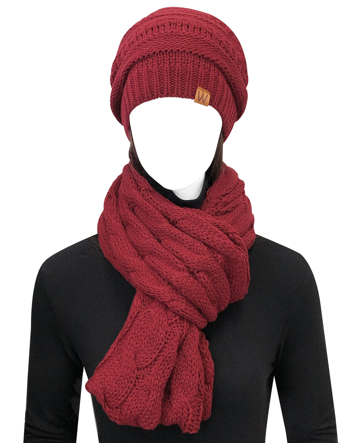 Wrapables Winter Warm Chunky Cable Knit Infinity Scarf and Beanie Set, Burgundy