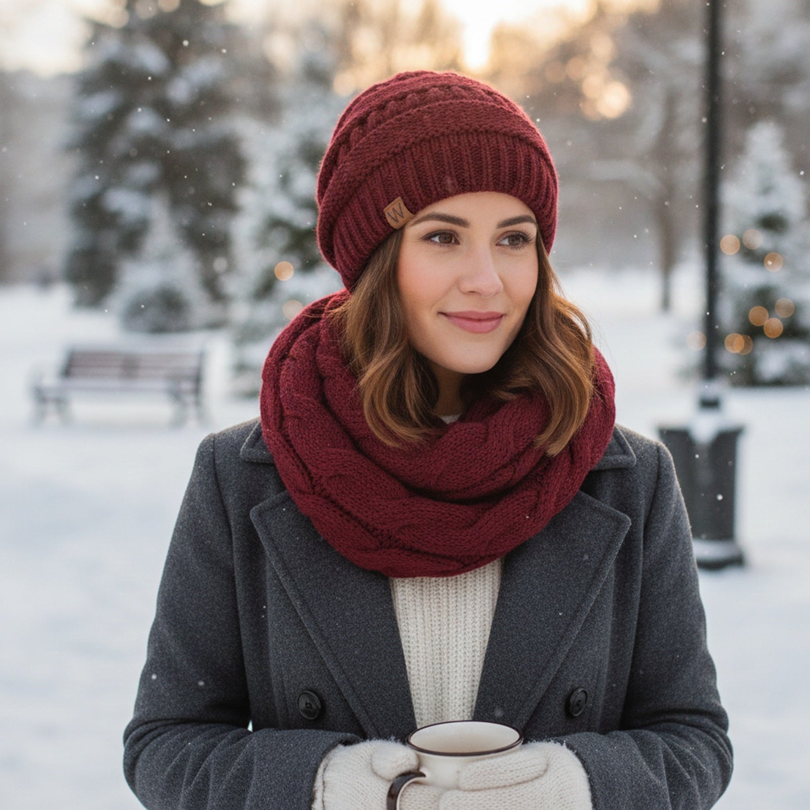 Wrapables Winter Warm Chunky Cable Knit Infinity Scarf and Beanie Set, Burgundy