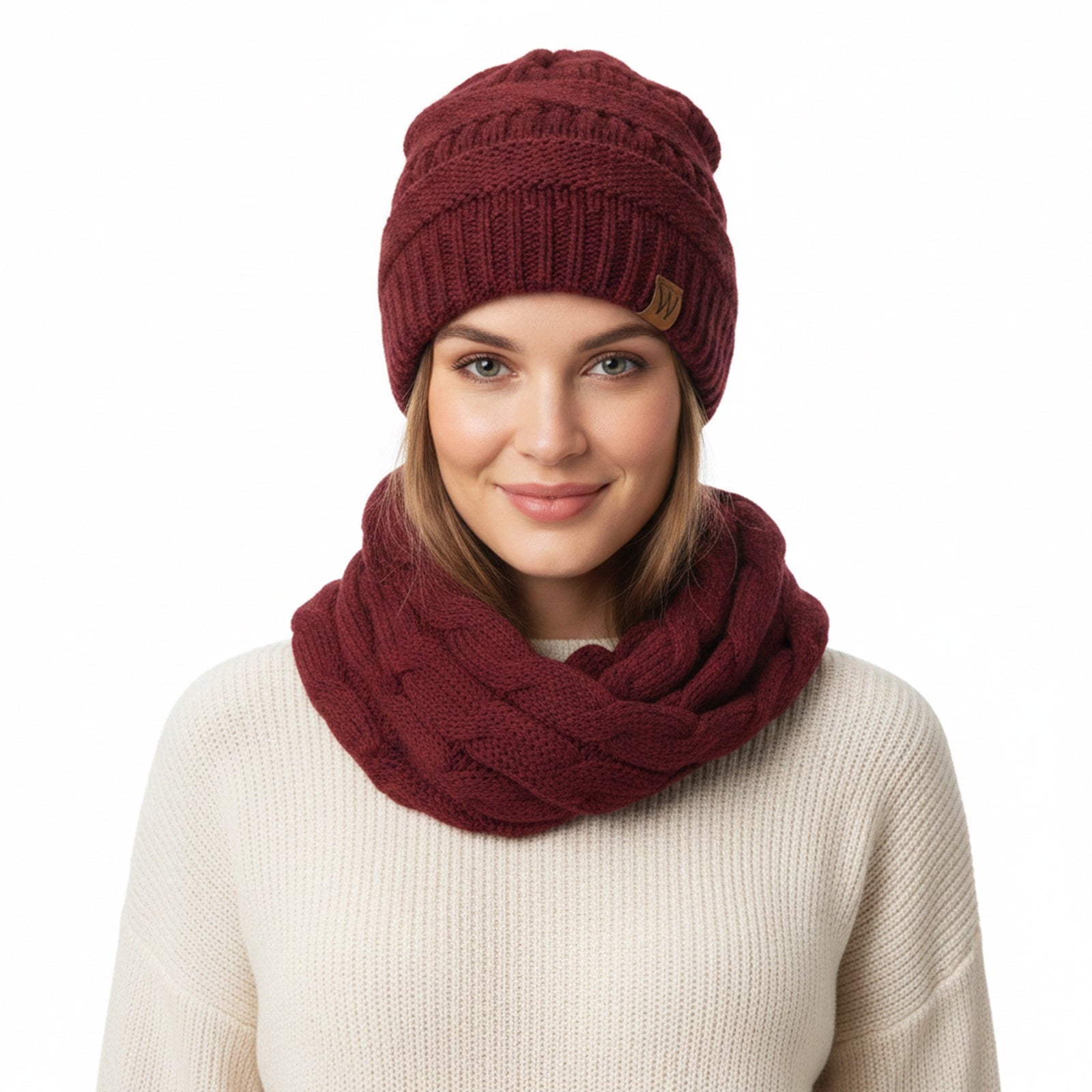Wrapables Winter Warm Chunky Cable Knit Infinity Scarf and Beanie Set, Burgundy