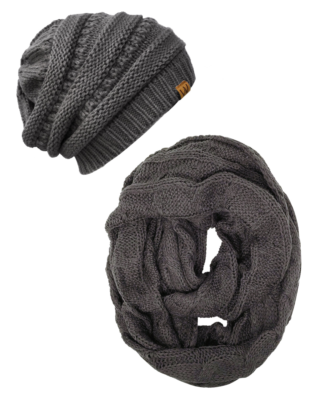 Wrapables Winter Warm Chunky Cable Knit Infinity Scarf and Beanie Set, Charcoal Gray