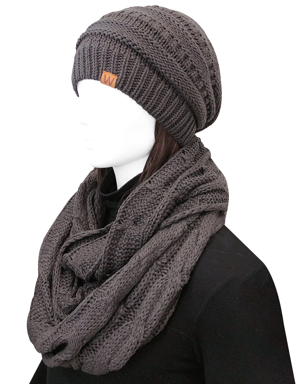 Wrapables Winter Warm Chunky Cable Knit Infinity Scarf and Beanie Set, Charcoal Gray