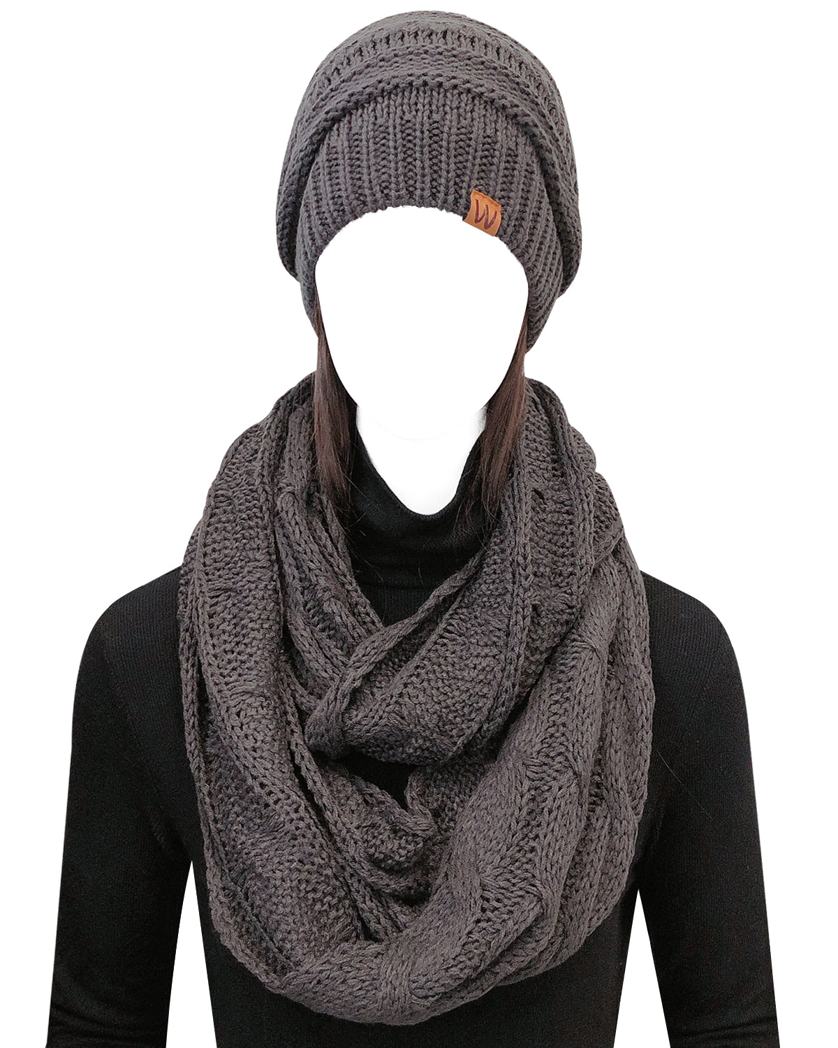 Wrapables Winter Warm Chunky Cable Knit Infinity Scarf and Beanie Set, Charcoal Gray