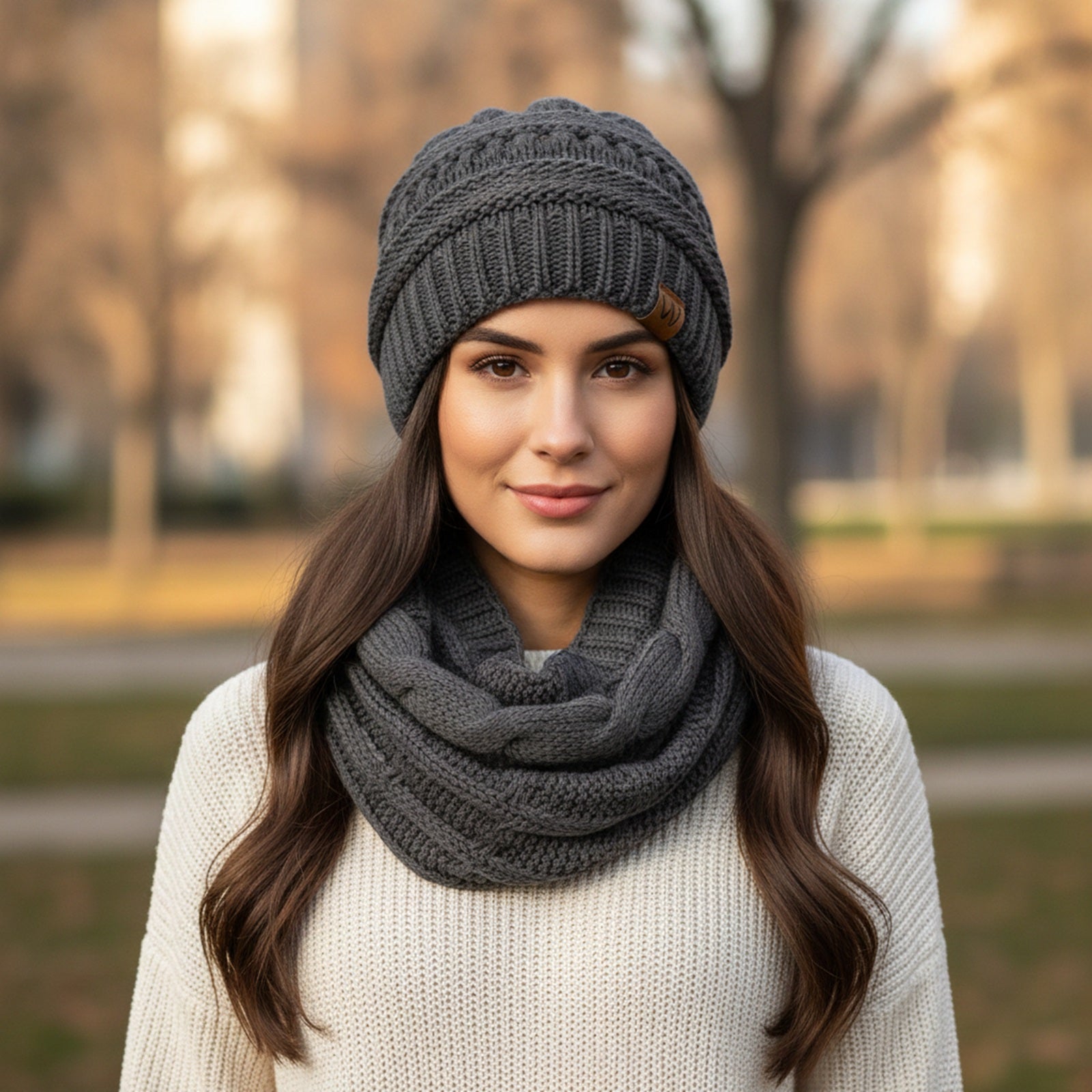 Wrapables Winter Warm Chunky Cable Knit Infinity Scarf and Beanie Set, Charcoal Gray