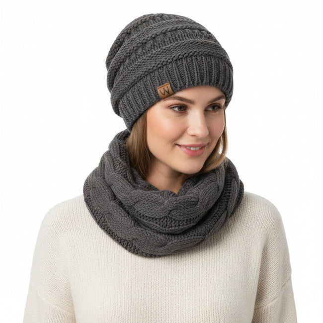 Wrapables Winter Warm Chunky Cable Knit Infinity Scarf and Beanie Set, Charcoal Gray