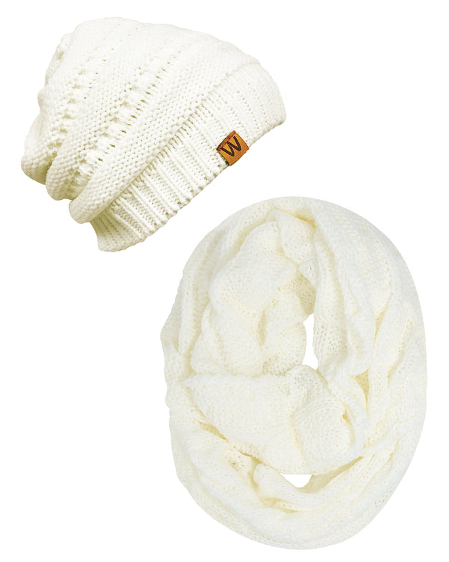 Wrapables Winter Warm Chunky Cable Knit Infinity Scarf and Beanie Set, White