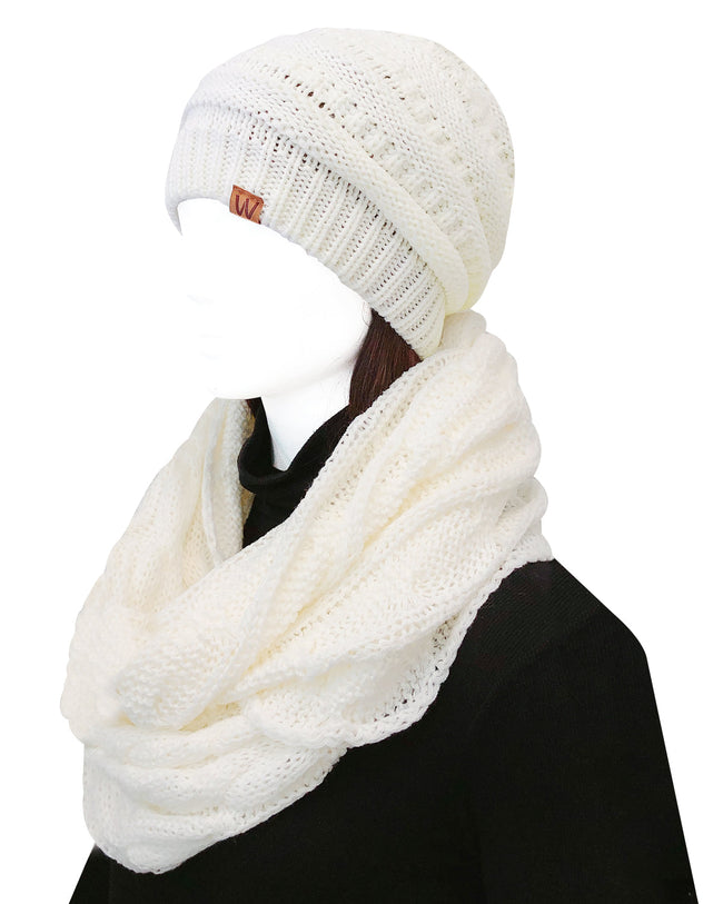 Wrapables Winter Warm Chunky Cable Knit Infinity Scarf and Beanie Set, White