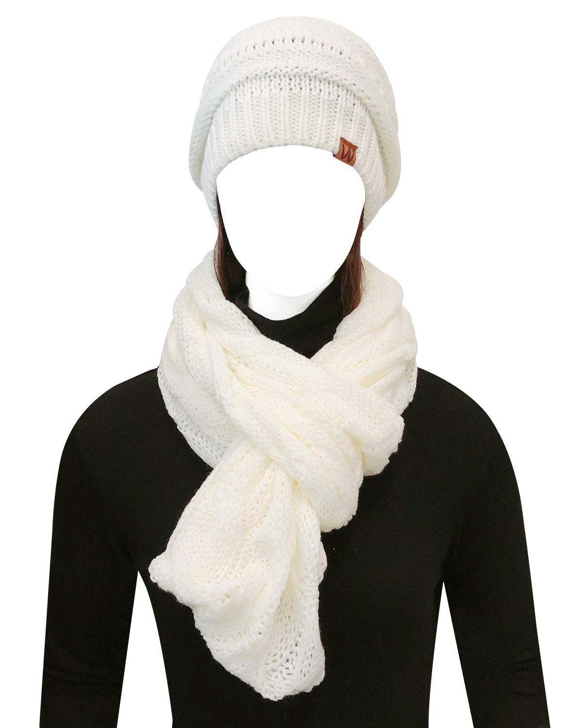 Wrapables Winter Warm Chunky Cable Knit Infinity Scarf and Beanie Set, White