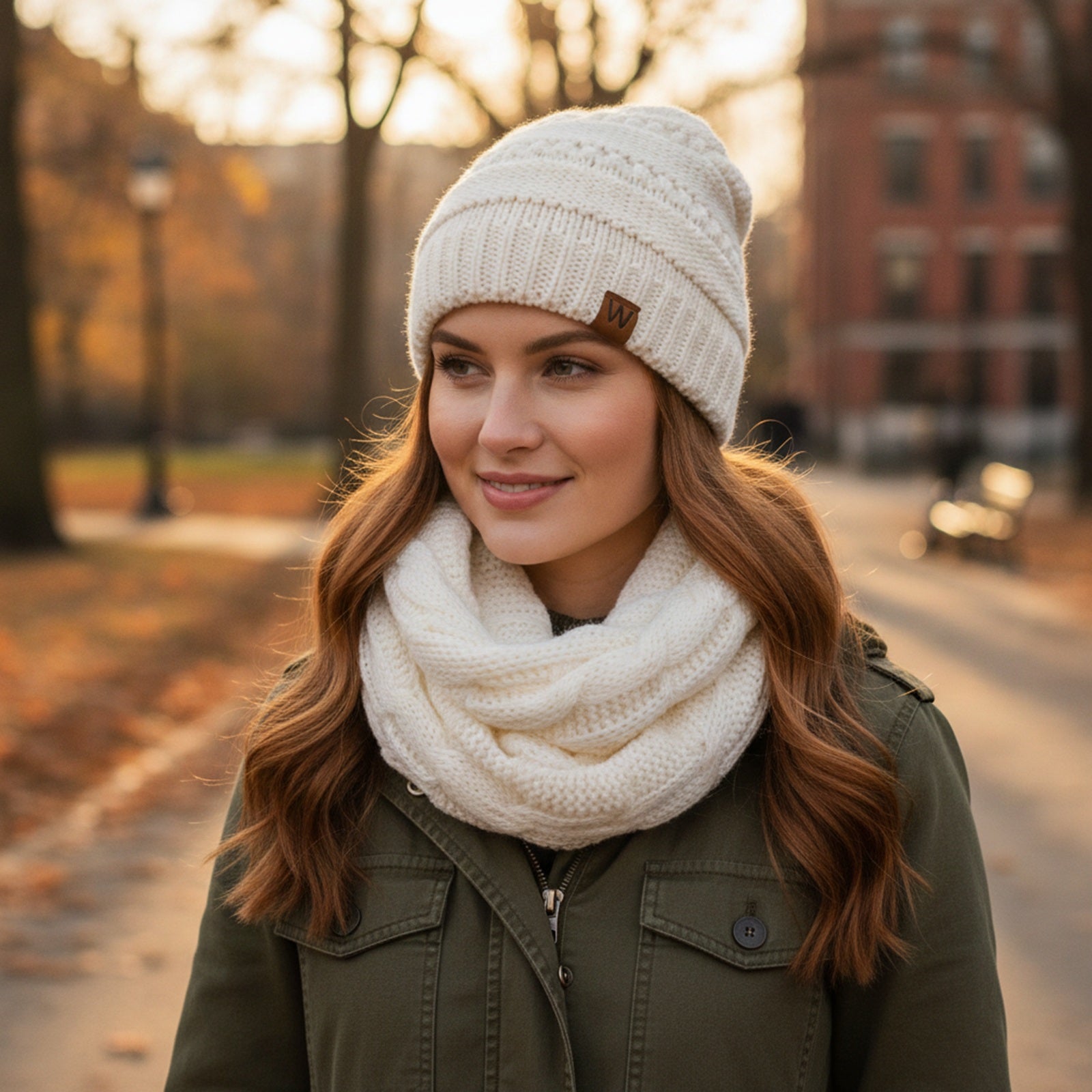 Wrapables Winter Warm Chunky Cable Knit Infinity Scarf and Beanie Set, White
