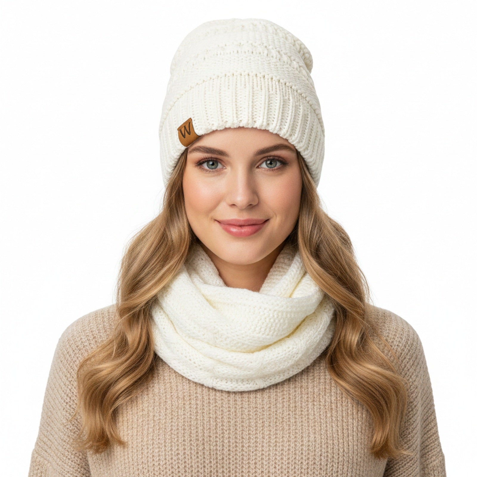 Wrapables Winter Warm Chunky Cable Knit Infinity Scarf and Beanie Set, White