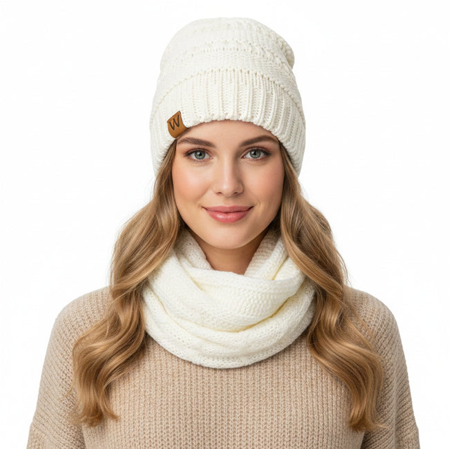 Wrapables Winter Warm Chunky Cable Knit Infinity Scarf and Beanie Set, White