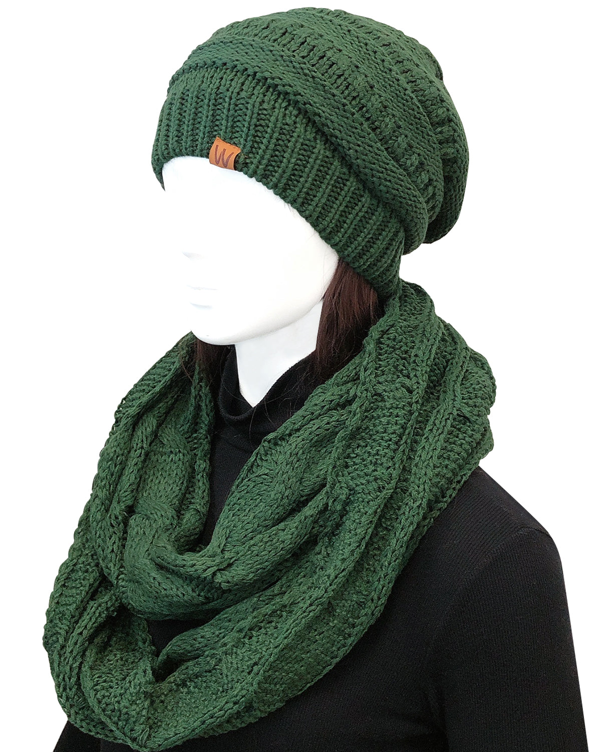 Wrapables Winter Warm Chunky Cable Knit Infinity Scarf and Beanie Set, Hunter Green