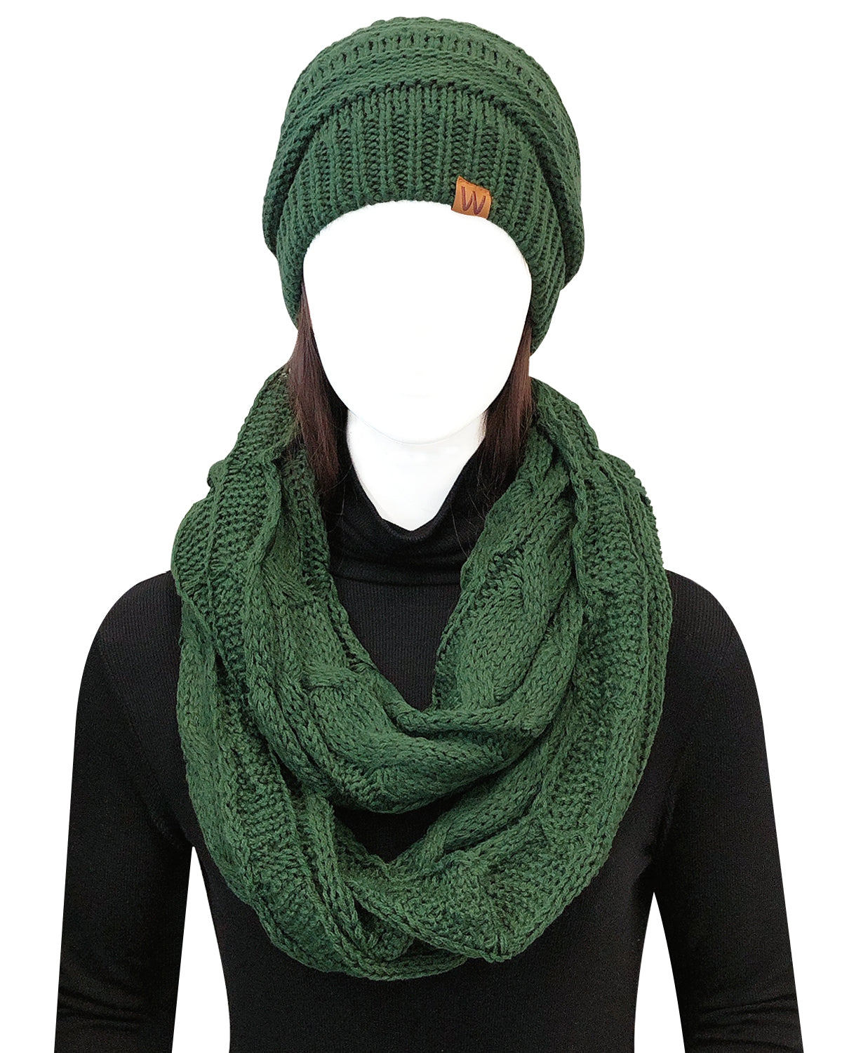 Wrapables Winter Warm Chunky Cable Knit Infinity Scarf and Beanie Set, Hunter Green