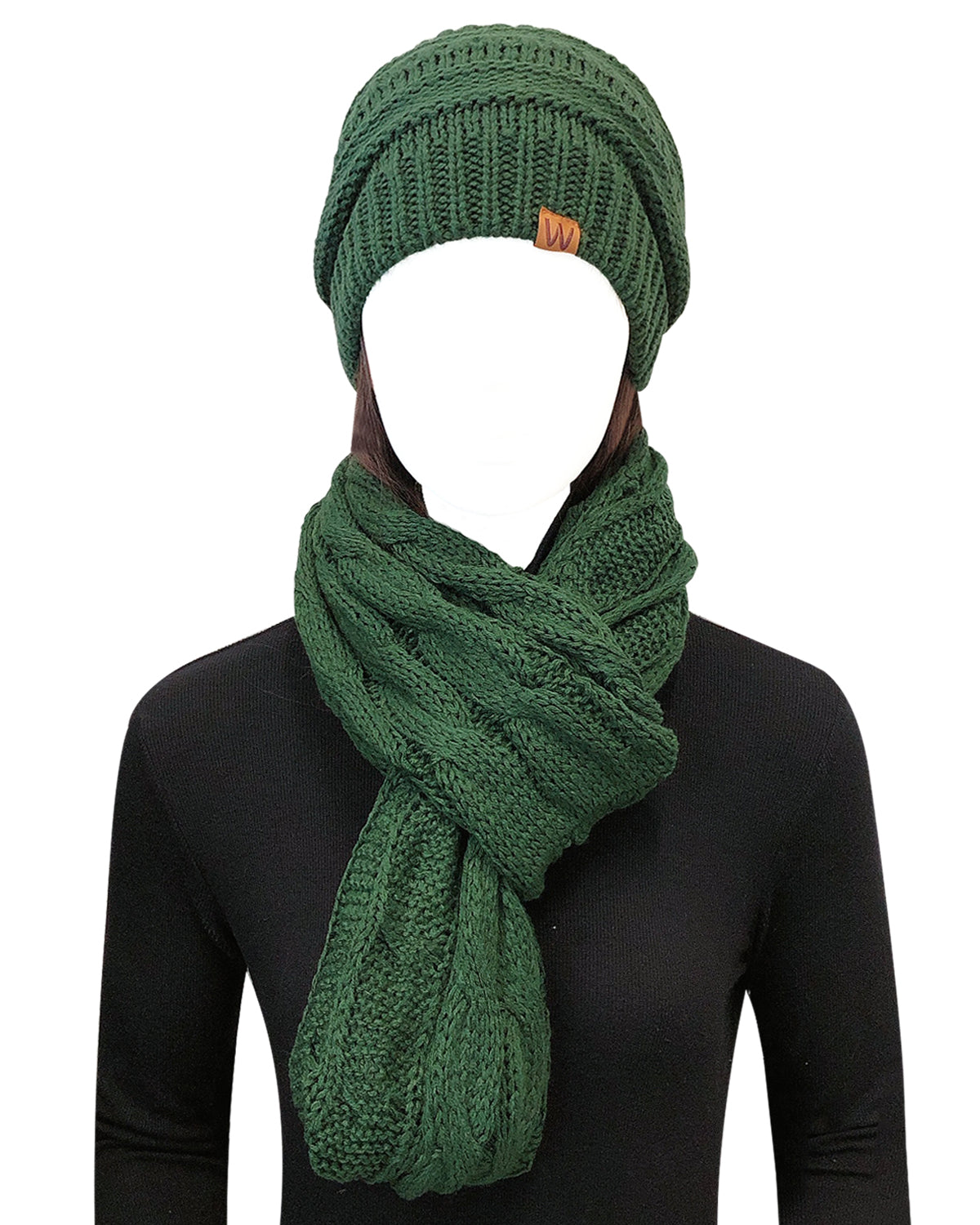 Wrapables Winter Warm Chunky Cable Knit Infinity Scarf and Beanie Set, Hunter Green