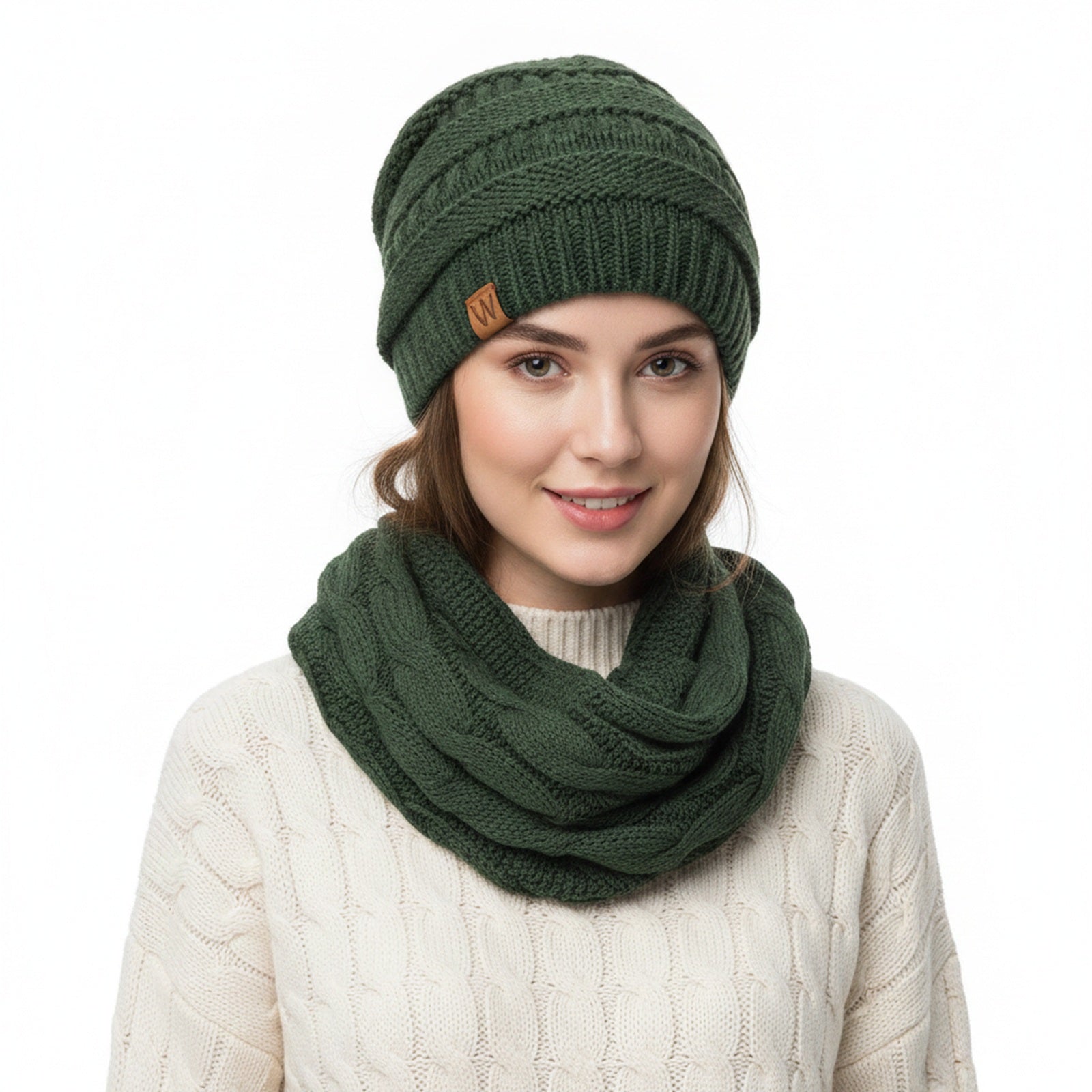 Wrapables Winter Warm Chunky Cable Knit Infinity Scarf and Beanie Set, Hunter Green
