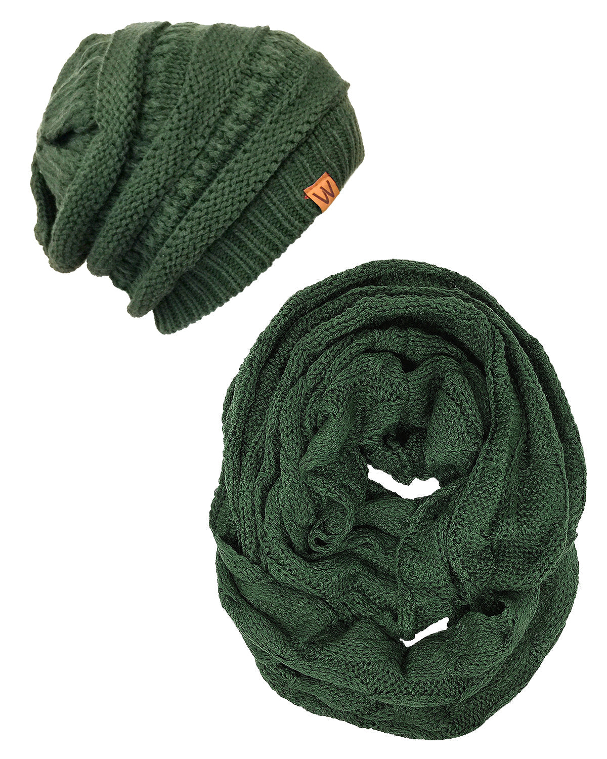 Wrapables Winter Warm Chunky Cable Knit Infinity Scarf and Beanie Set, Hunter Green