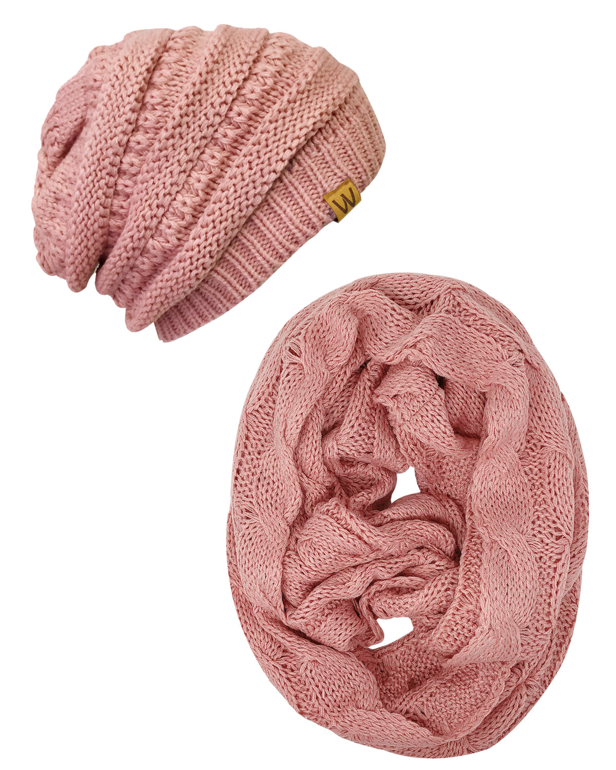 Wrapables Winter Warm Chunky Cable Knit Infinity Scarf and Beanie Set, Pink