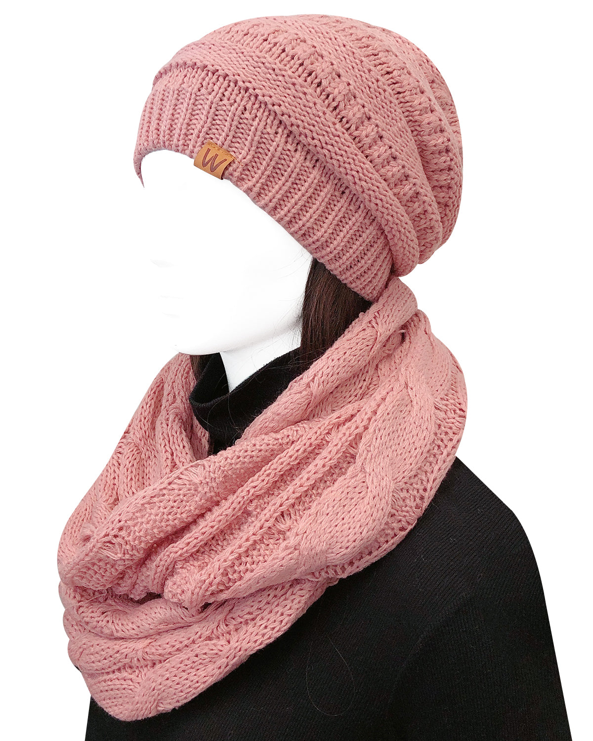 Wrapables Winter Warm Chunky Cable Knit Infinity Scarf and Beanie Set, Pink