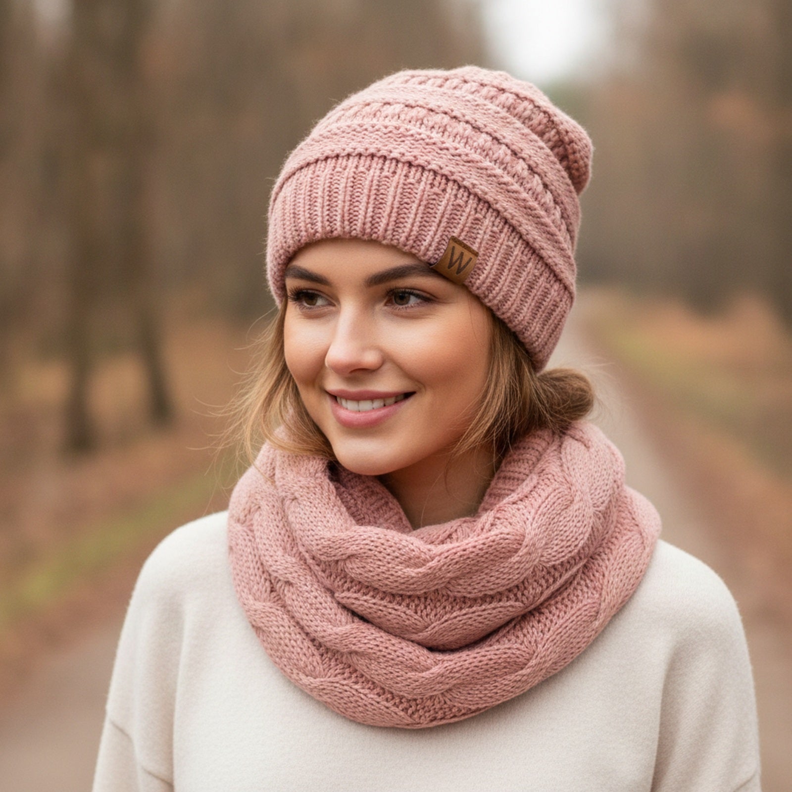 Wrapables Winter Warm Chunky Cable Knit Infinity Scarf and Beanie Set, Pink