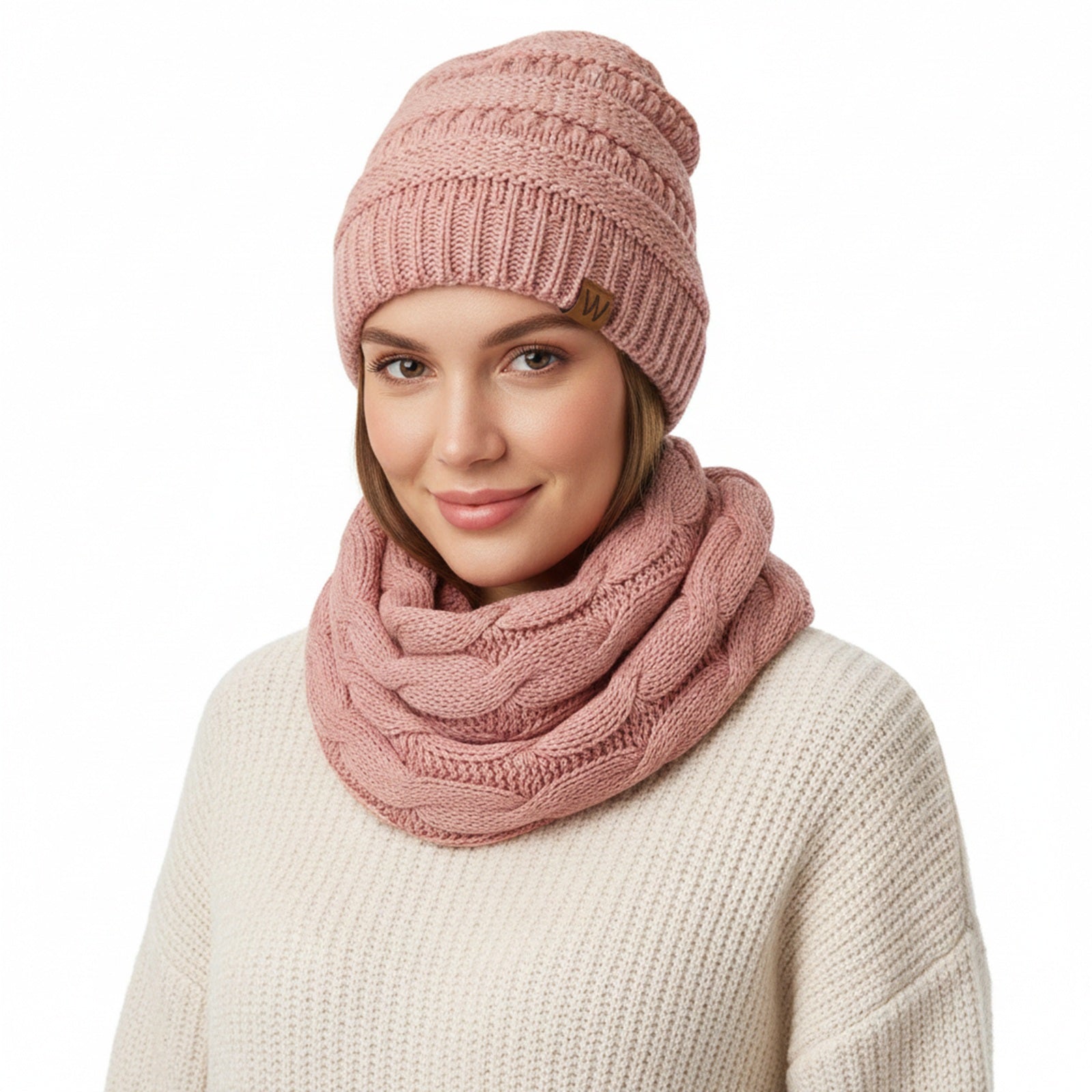 Wrapables Winter Warm Chunky Cable Knit Infinity Scarf and Beanie Set, Pink