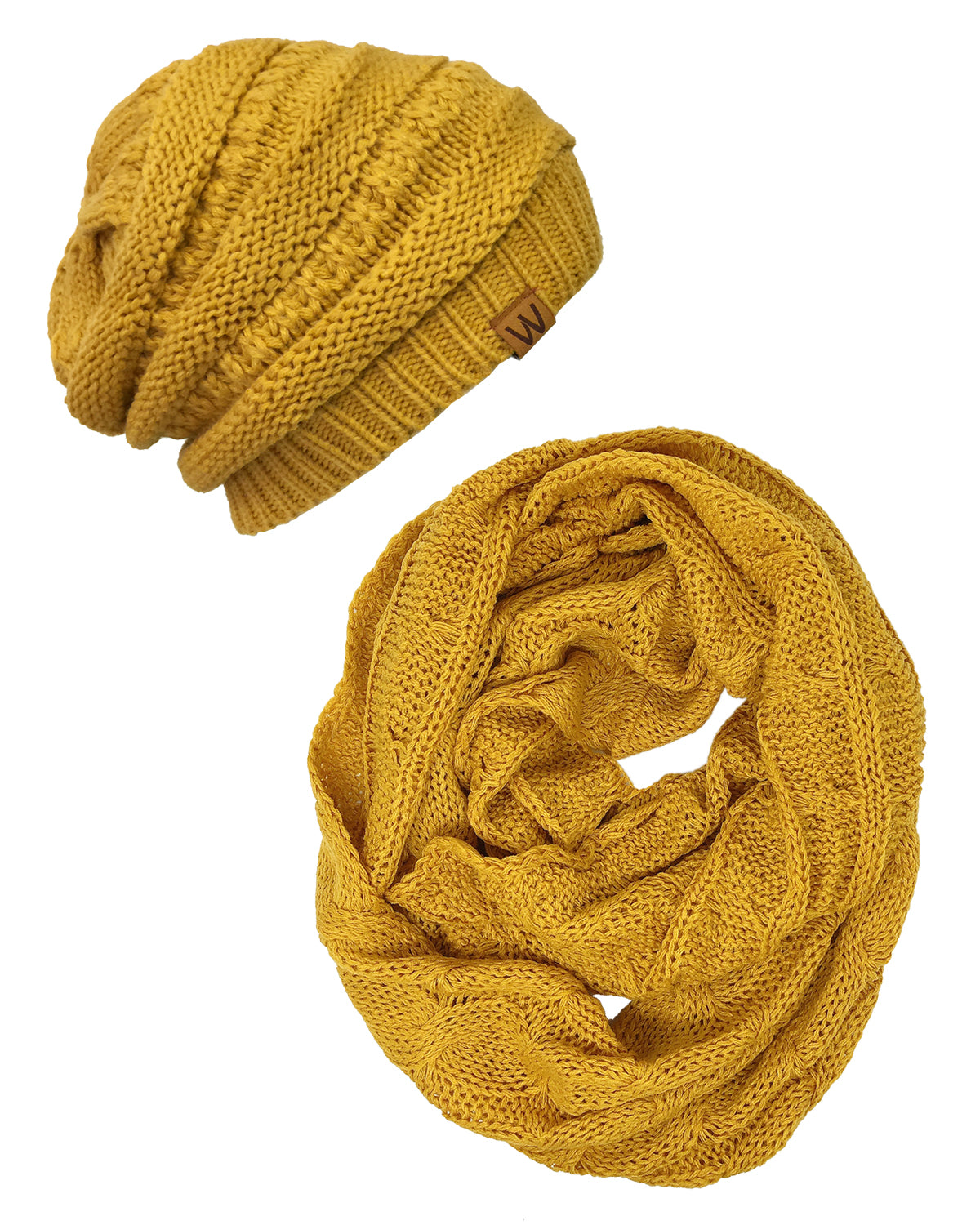 Wrapables Winter Warm Chunky Cable Knit Infinity Scarf and Beanie Set, Yellow