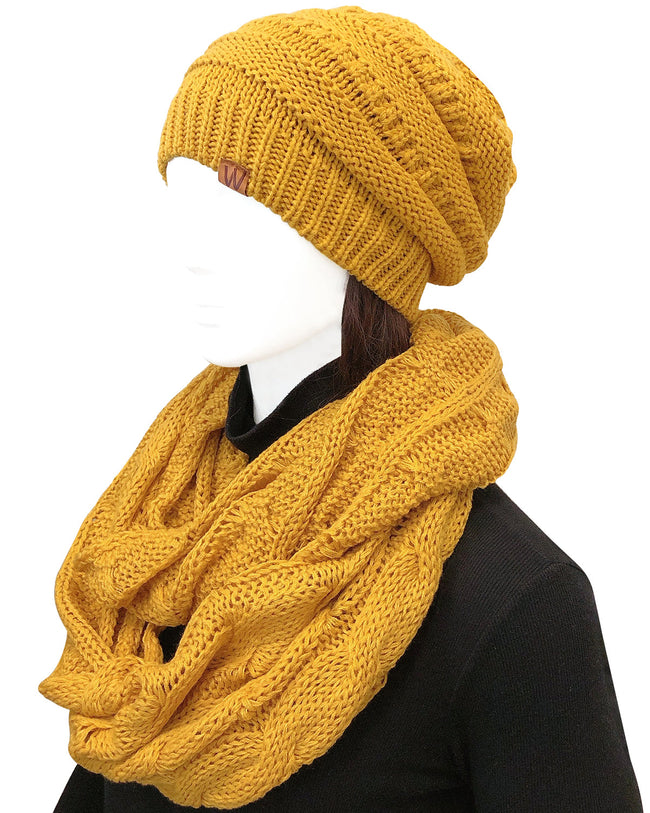 Wrapables Winter Warm Chunky Cable Knit Infinity Scarf and Beanie Set, Yellow