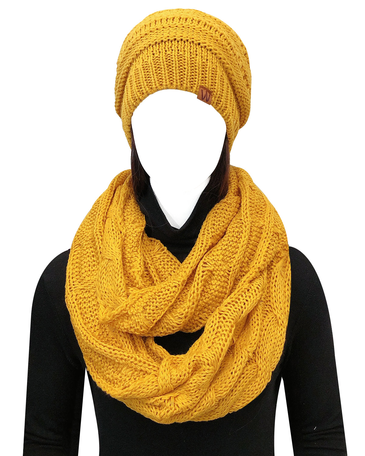 Wrapables Winter Warm Chunky Cable Knit Infinity Scarf and Beanie Set, Yellow