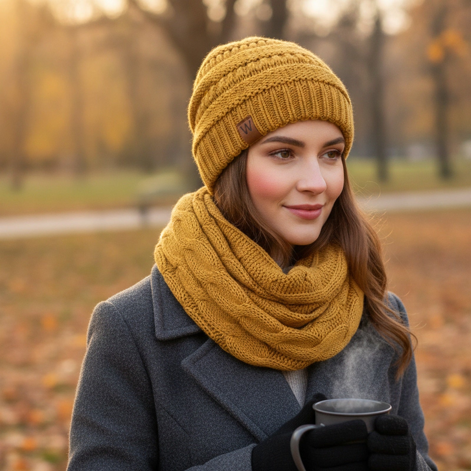 Wrapables Winter Warm Chunky Cable Knit Infinity Scarf and Beanie Set, Yellow
