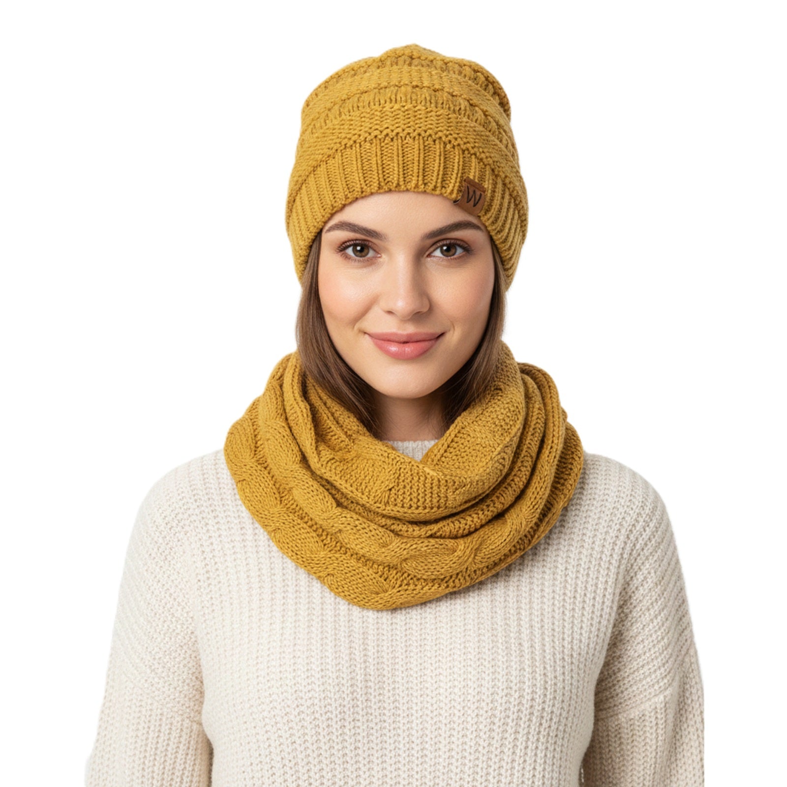 Wrapables Winter Warm Chunky Cable Knit Infinity Scarf and Beanie Set, Yellow