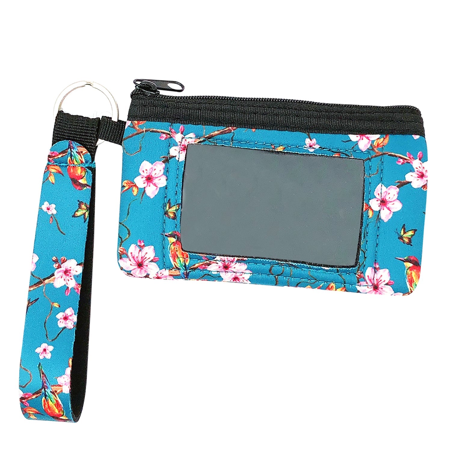 Wrapables Neoprene Mini Wristlet Wallet / Credit Card ID Holder with Lanyard, Bird & Cherry Blossom