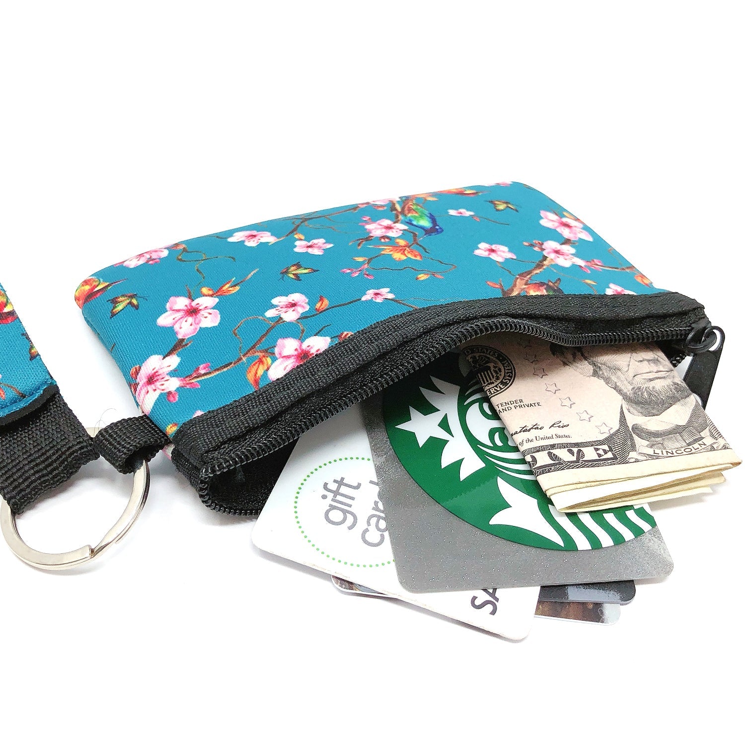 Wrapables Neoprene Mini Wristlet Wallet / Credit Card ID Holder with Lanyard, Bird & Cherry Blossom