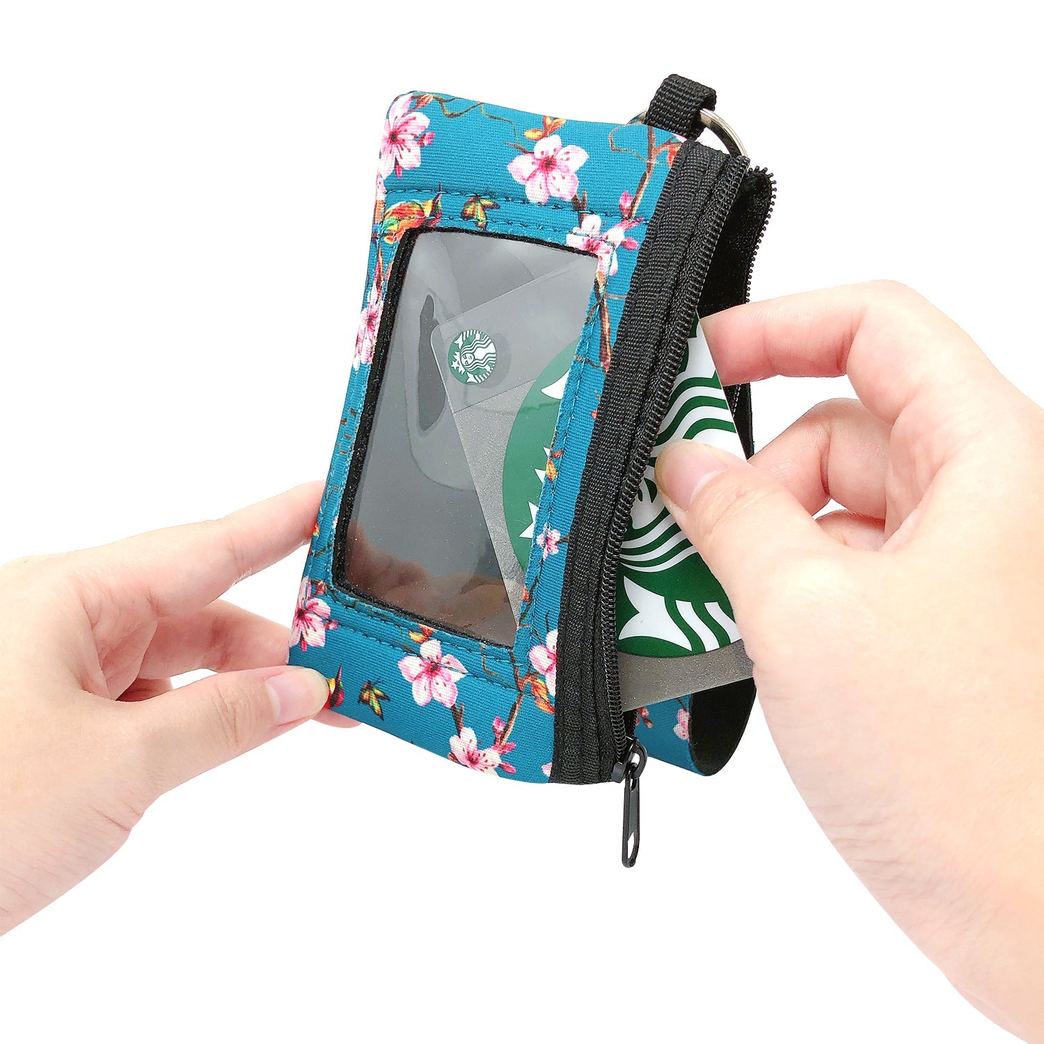 Wrapables Neoprene Mini Wristlet Wallet / Credit Card ID Holder with Lanyard, Bird & Cherry Blossom