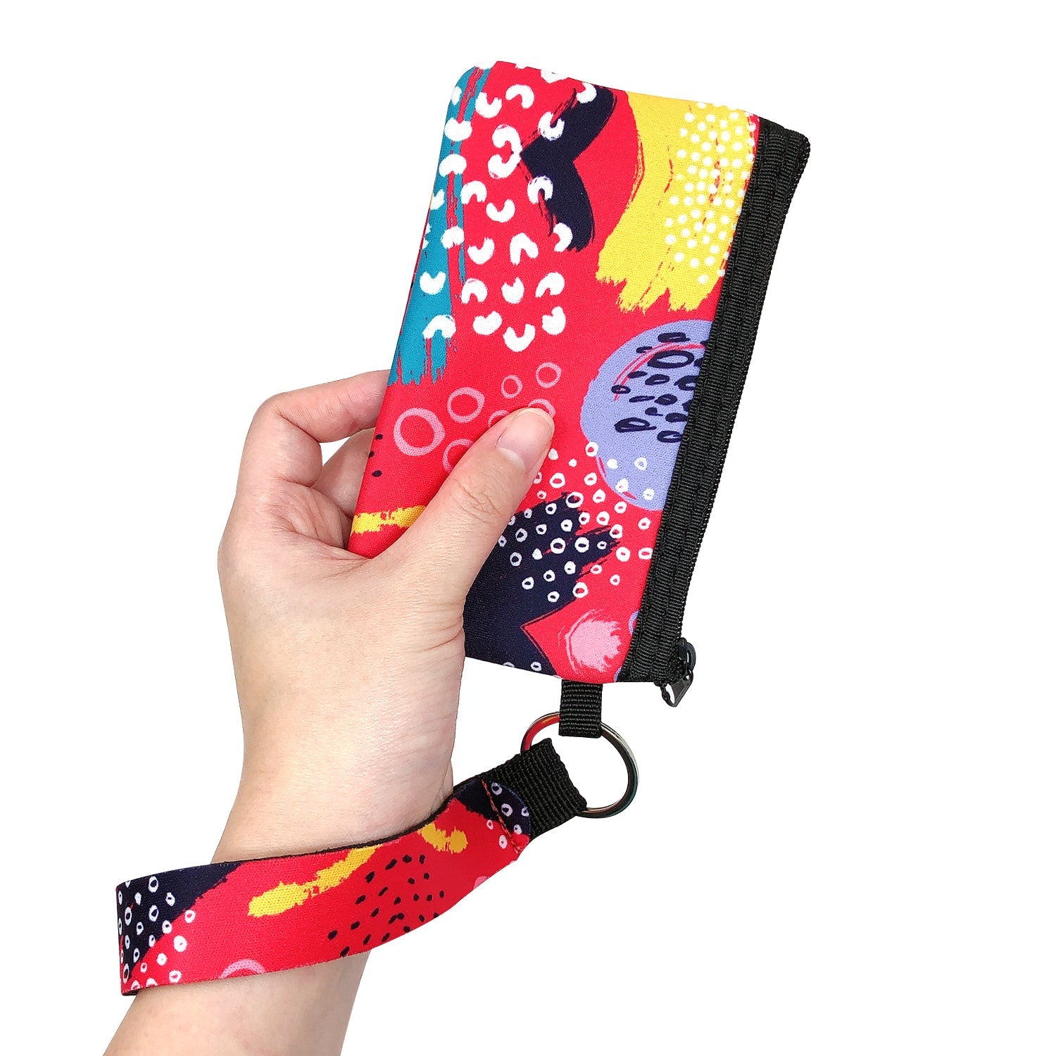 Wrapables Neoprene Mini Wristlet Wallet / Credit Card ID Holder with Lanyard, Abstract Bright