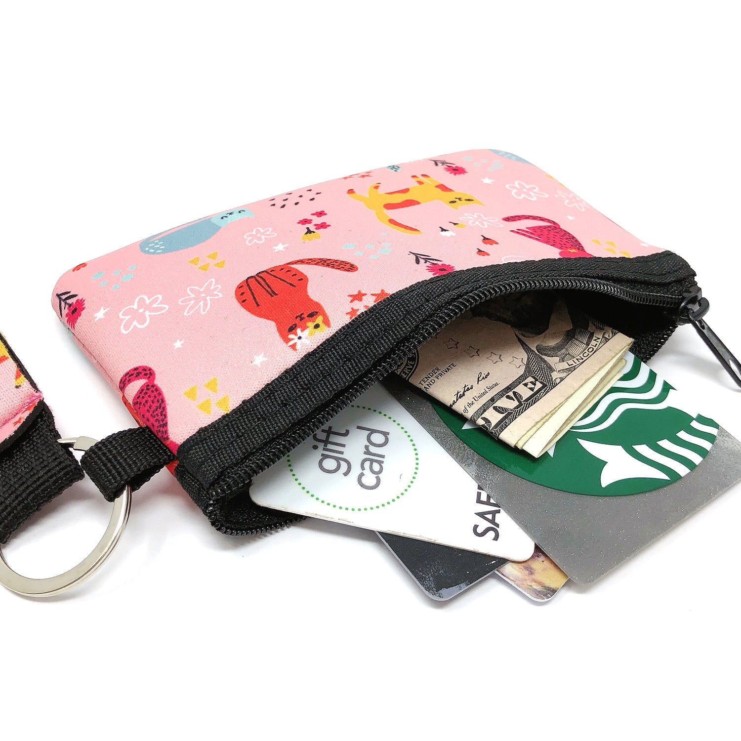 Wrapables Neoprene Mini Wristlet Wallet / Credit Card ID Holder with Lanyard, Pink Kitties